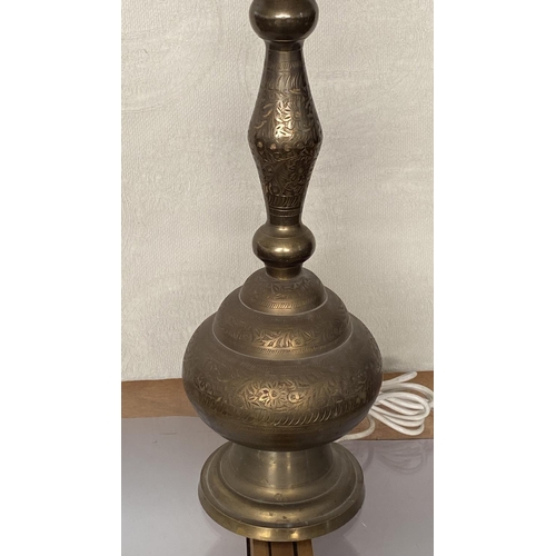 21 - Vintage Tall Solid Brass Embossed Table Lamp with Bamboo and Brass Shade (86cm H.)