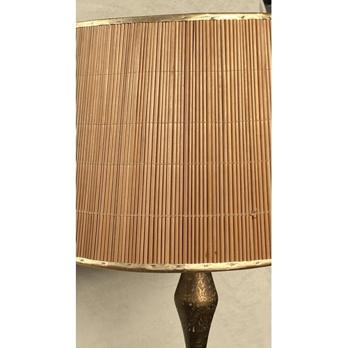 21 - Vintage Tall Solid Brass Embossed Table Lamp with Bamboo and Brass Shade (86cm H.)