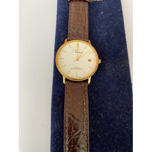 128 - Tina 18K-GP Quartz Water Resistant Swiss Watch with Leather Strap (Needs Battery)