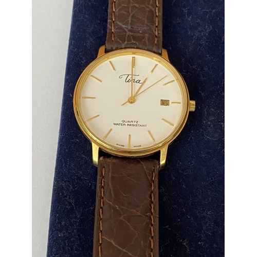 128 - Tina 18K-GP Quartz Water Resistant Swiss Watch with Leather Strap (Needs Battery)