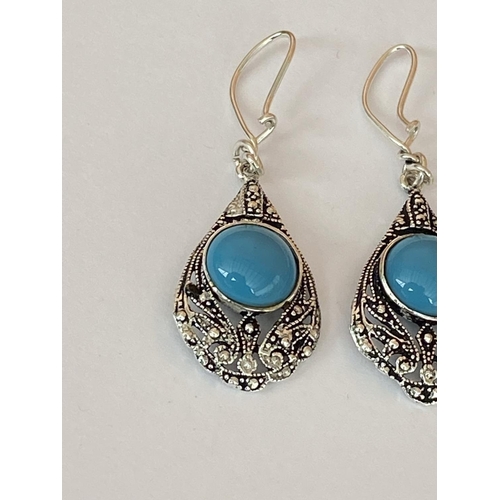 60 - Silver 925 Turquoise Markasites Earrings