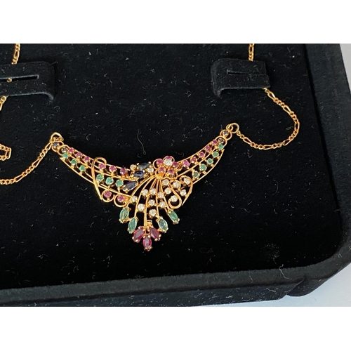 64 - Beautiful Lebanese 18k Gold Ruby Emerald Sapphire Diamond Necklace