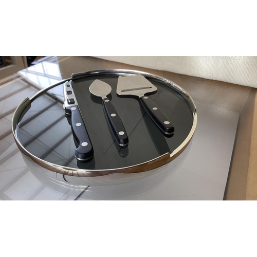 80 - Very Beautiful Chrome and Glass Cheese Platter Together with Cheese Knives and Slicer (Unused)