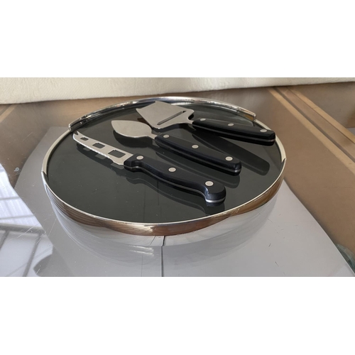 80 - Very Beautiful Chrome and Glass Cheese Platter Together with Cheese Knives and Slicer (Unused)