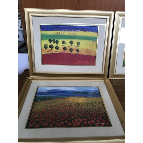 307 - x3 Yellow, Red and Blue Decorative Prints in Gold Colour Frame (58 x 46cm/each)