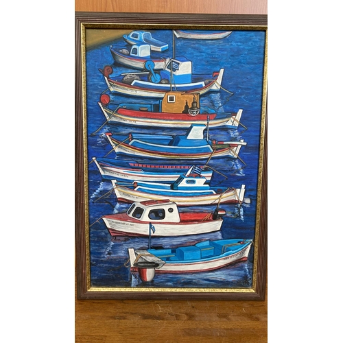 268 - Oil on Canvas Greek Boats Painting Signed and Framed (46 x 66cm)