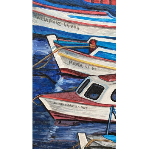 268 - Oil on Canvas Greek Boats Painting Signed and Framed (46 x 66cm)