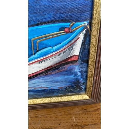 268 - Oil on Canvas Greek Boats Painting Signed and Framed (46 x 66cm)