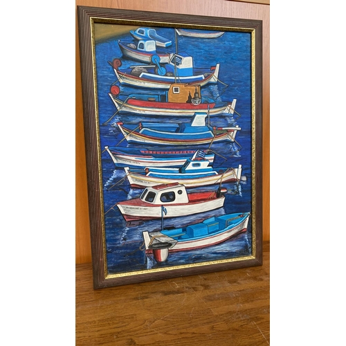 268 - Oil on Canvas Greek Boats Painting Signed and Framed (46 x 66cm)