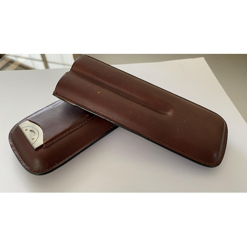 121 - Genuine Brown Leather Cigar Case with Cutter (Unused)