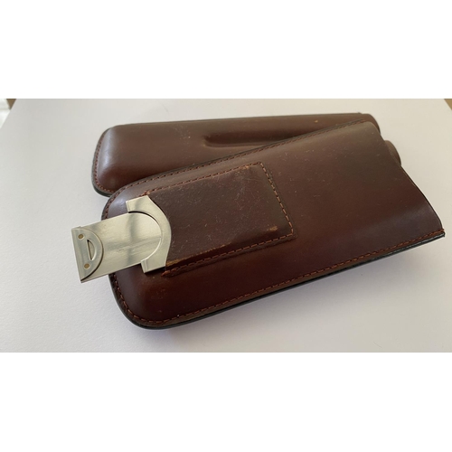 121 - Genuine Brown Leather Cigar Case with Cutter (Unused)