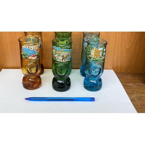 225 - x6 Vintage Cyprus Themed Depicting Coloured Shot Glasses