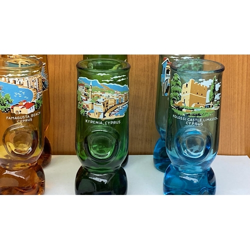 225 - x6 Vintage Cyprus Themed Depicting Coloured Shot Glasses