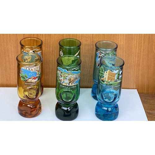 225 - x6 Vintage Cyprus Themed Depicting Coloured Shot Glasses