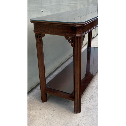 28 - Solid Wood 2-Tier Marquetry Console Entrance Table  with Top Glass Protection (138 W. x 40 D. x 70cm... 