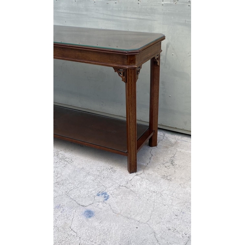 28 - Solid Wood 2-Tier Marquetry Console Entrance Table  with Top Glass Protection (138 W. x 40 D. x 70cm... 