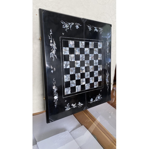 570 - Chinese Lacquered Games Board Vintage Asian Chess and Backgammon Board with Mother of Pearls Inlay (... 