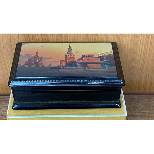 132 - Russian Lacquered Box with Moscow Scene (16 W. x 9.5 D. x 6cm H.)