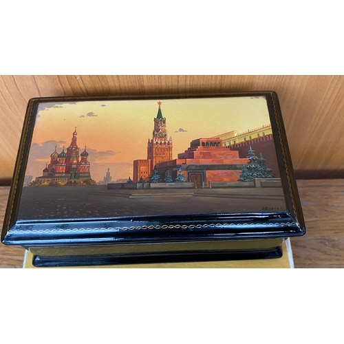 132 - Russian Lacquered Box with Moscow Scene (16 W. x 9.5 D. x 6cm H.)