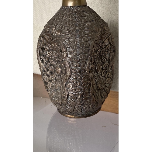 139 - Antique Chinese Silvered Bronze Mounted Whisky Decanter with Stopper (26cm H.)