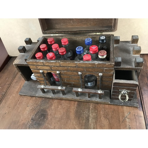 156 - Small Vintage Wooden Bar Unit with Qty of Miniature Drinks