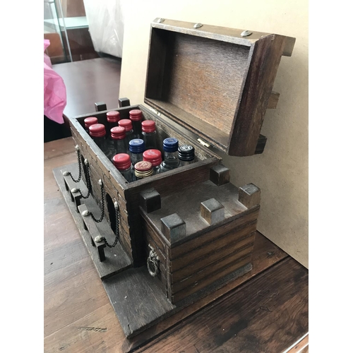 156 - Small Vintage Wooden Bar Unit with Qty of Miniature Drinks