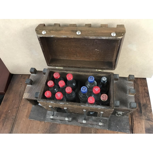 156 - Small Vintage Wooden Bar Unit with Qty of Miniature Drinks