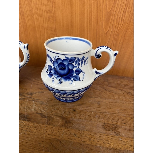 103 - x2 Russian Gzhel Hand Painted Cobalt Blue Porcelain Tea Mugs and Candy Bowl