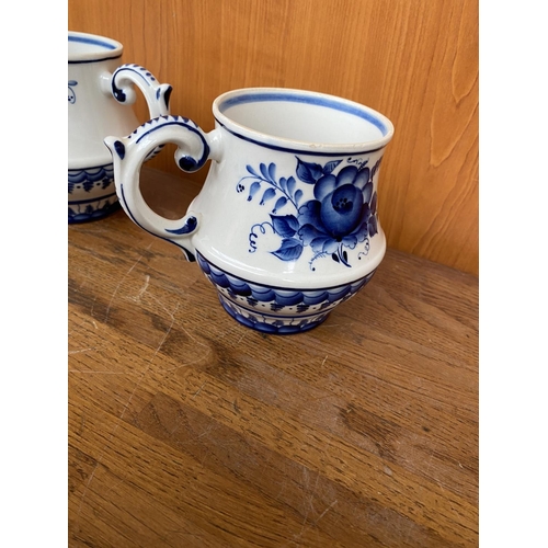 103 - x2 Russian Gzhel Hand Painted Cobalt Blue Porcelain Tea Mugs and Candy Bowl