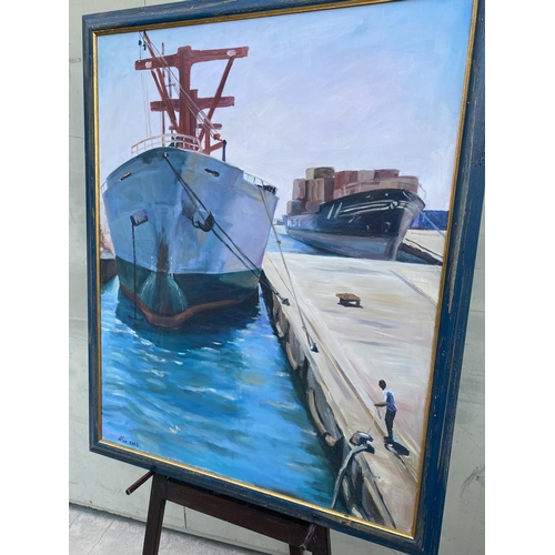 104 - Large Oil on Canvas Painting Depicting Old Limassol Port Signed 'Alex Khattab' (82 x 101cm)