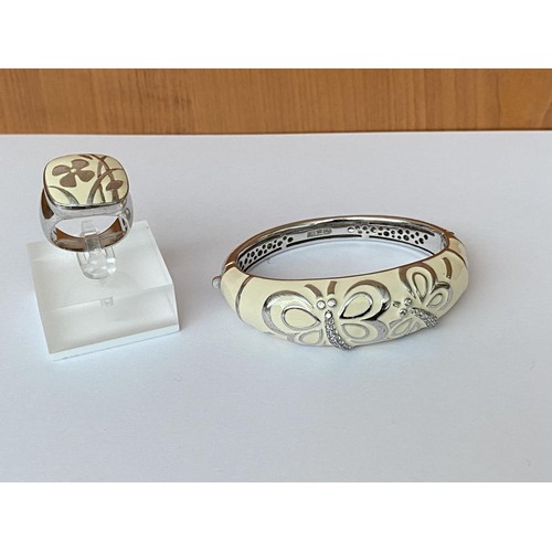 294 - Silver 925 Folli Folie Bracelet with Matching Ring with Ivory Colour Enamel (74gr)