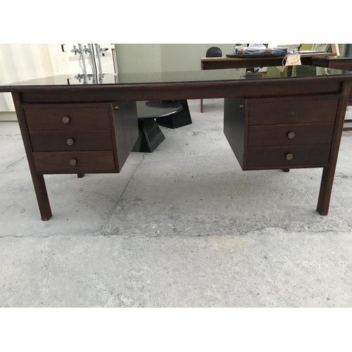 505 - Retro Dark Wood Office Desk with 6 Drawers and Top Glass Protection (x1 Drawer Handle Missing), (W:1... 