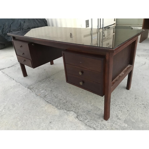 505 - Retro Dark Wood Office Desk with 6 Drawers and Top Glass Protection (x1 Drawer Handle Missing), (W:1... 