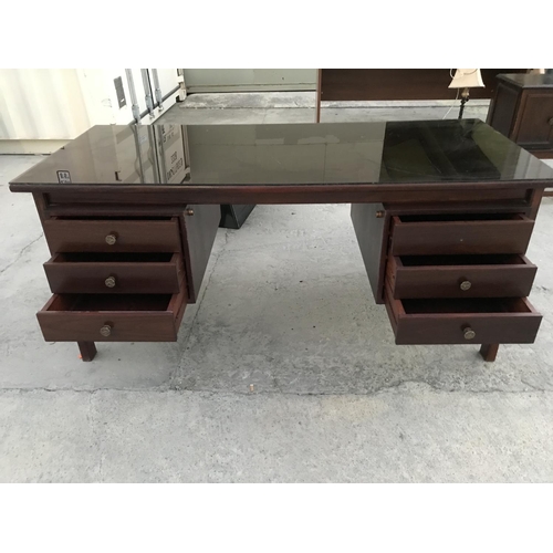 505 - Retro Dark Wood Office Desk with 6 Drawers and Top Glass Protection (x1 Drawer Handle Missing), (W:1... 