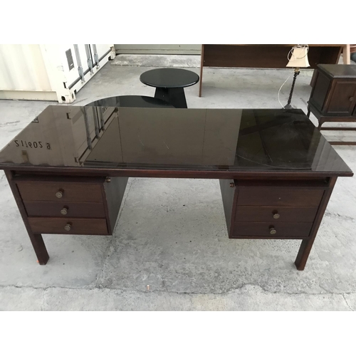 505 - Retro Dark Wood Office Desk with 6 Drawers and Top Glass Protection (x1 Drawer Handle Missing), (W:1... 