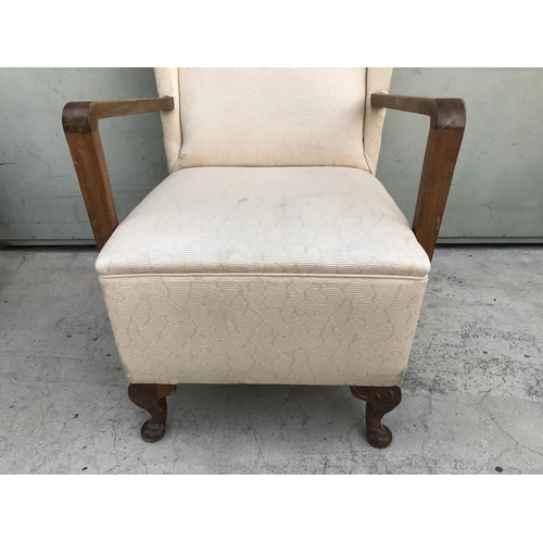 588 - Vintage French Style Wing Back Chair with Bowed Legs (Needs Cleaning)