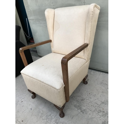 588 - Vintage French Style Wing Back Chair with Bowed Legs (Needs Cleaning)