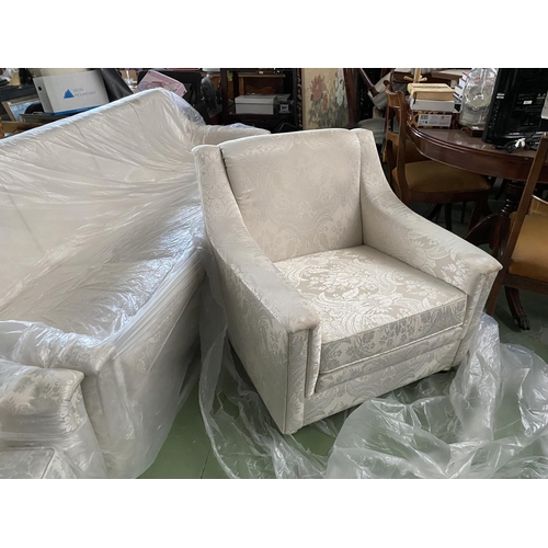 607 - Large 4-Seat Sofa and 3 Armchairs Upholstered in Floral Beige Satin Fabric