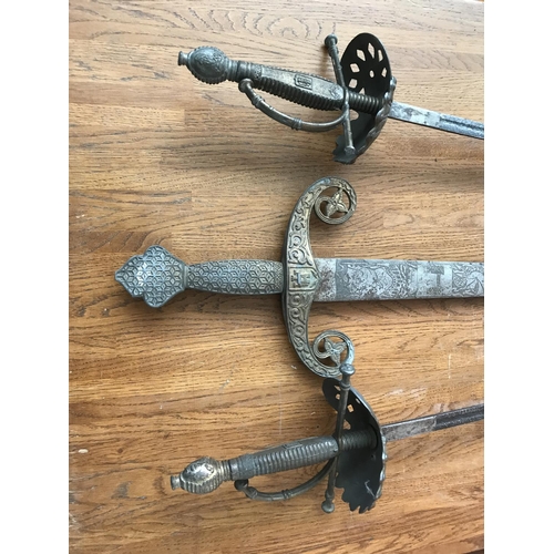 626 - x3 Antique Hand Made Solid Steel with Cast Iron Handles Decorative Swords (106cm Longest) - Taken Ba... 