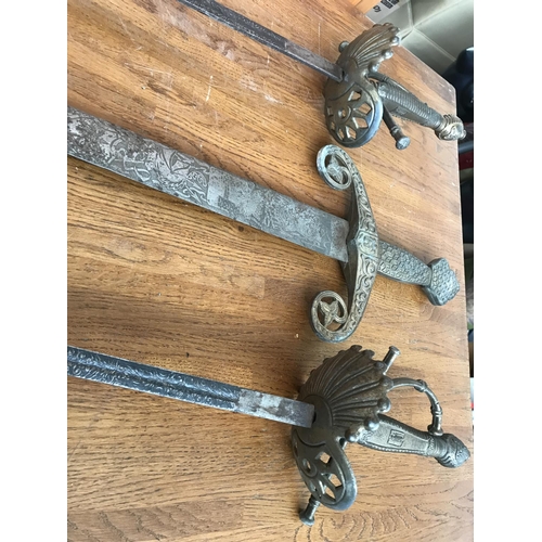 626 - x3 Antique Hand Made Solid Steel with Cast Iron Handles Decorative Swords (106cm Longest) - Taken Ba... 