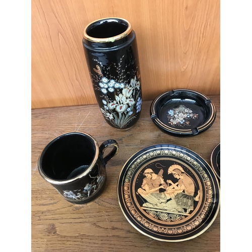 644 - Hand Made in Greece and 'Mosis' Cyprus Ceramic Cups, Saucers and Other (Vase Top Chipped)