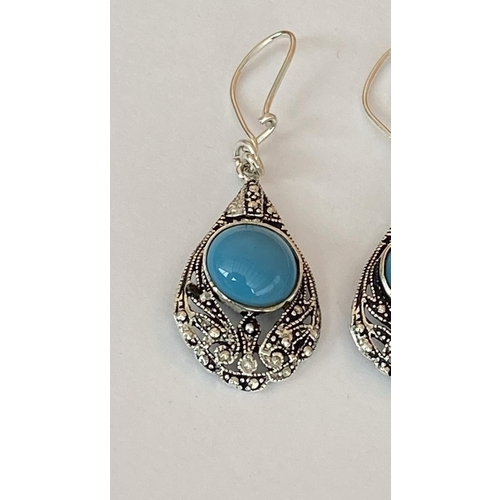 60 - Silver 925 Turquoise Markasites Earrings