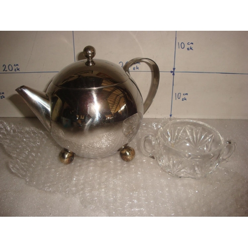 679 - Stainless Steel Tea Pot & Small Crystal Bowl