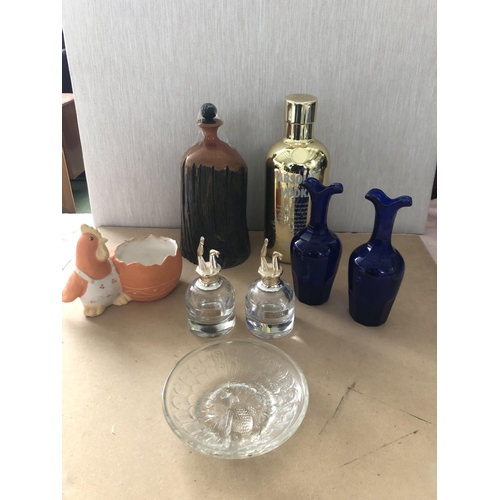 221 - Collectable Bottles, x2 Blue Glass Vases and Other