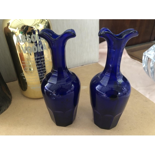 221 - Collectable Bottles, x2 Blue Glass Vases and Other