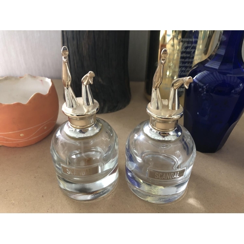 221 - Collectable Bottles, x2 Blue Glass Vases and Other