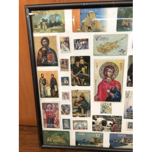 202 - Vintage Cyprus Cards, Stamps, Pictures and Other in Frame