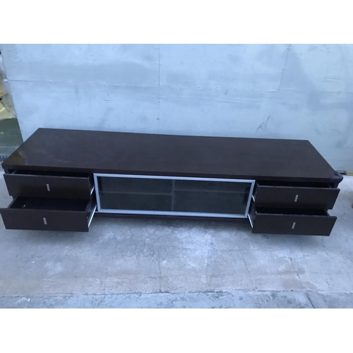 204 - Large Brown TV Cabinet with Sliding Glass Door and 4 Drawers (220 W. x 58 D. x 51cm H.) - Taken Back... 