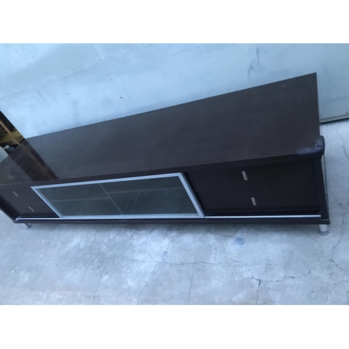 204 - Large Brown TV Cabinet with Sliding Glass Door and 4 Drawers (220 W. x 58 D. x 51cm H.) - Taken Back... 