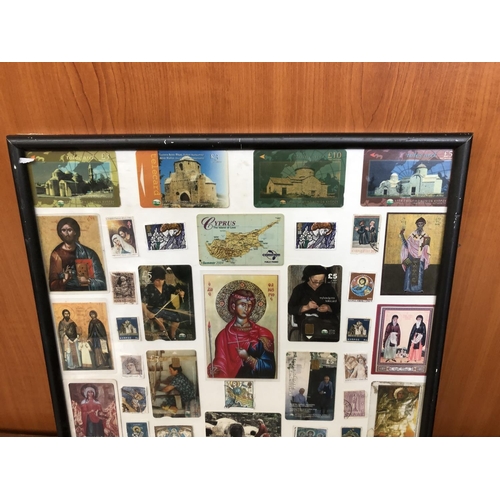 202 - Vintage Cyprus Cards, Stamps, Pictures and Other in Frame